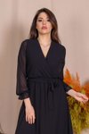 Siyah Uzun Kruvaze Yaka Bağlama Detaylı Şifon Elbise