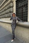 Siyah Uzun Lizbon Leopar Desen Elbise