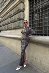 Siyah Uzun Lizbon Leopar Desen Elbise