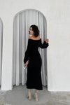Siyah Uzun Madonna Yaka İspanyol Kol Kazak Triko Elbise