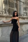 Siyah Uzun Straplez Shiny Detay Tül Elbise