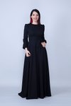 Siyah Uzun Yuvarlak Yaka Kol Dokuma Kumaş Beli Büzgülü Kuşaklı Tesettür Abiye Elbise