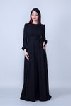 Siyah Uzun Yuvarlak Yaka Kol Dokuma Kumaş Beli Büzgülü Kuşaklı Tesettür Abiye Elbise