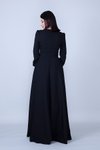 Siyah Uzun Yuvarlak Yaka Kol Dokuma Kumaş Beli Büzgülü Kuşaklı Tesettür Abiye Elbise
