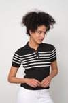 Siyah V Yaka Esnek Crop Çizgili Triko