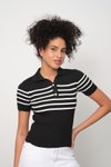 Siyah V Yaka Esnek Crop Çizgili Triko