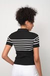 Siyah V Yaka Esnek Crop Çizgili Triko
