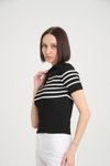 Siyah V Yaka Esnek Crop Çizgili Triko