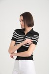 Siyah V Yaka Esnek Crop Çizgili Triko