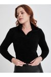 Siyah V Yaka Esnek Crop Yumoş Kazak