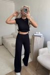 Siyah Yanları Büzgülü Crop Bluz Ve Pantolon İkili Takım