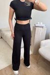 Siyah Yanları Büzgülü Crop Bluz Ve Pantolon İkili Takım