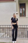 Siyah Yanları Büzgülü Gofre Kumaş Pantolon Crop İkili Takım