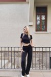 Siyah Yanları Büzgülü Gofre Kumaş Pantolon Crop İkili Takım