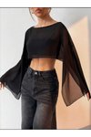 Siyah Yarasa Kollu Dökümlü Geniş Tarz Crop Tül Bluz