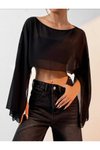 Siyah Yarasa Kollu Dökümlü Geniş Tarz Crop Tül Bluz