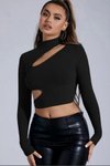 Siyah Yarım Balıkçı Parçalı Dekolteli Likralı Bluz
