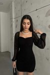 Siyahh Mini Prenses Kollu Romantik Elbise