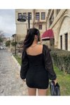 Siyahh Mini Prenses Kollu Romantik Elbise