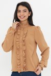 Sütlü Kahve Fırfır Detay Hakim Yaka Uzun Kol Gömlek