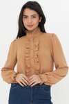 Sütlü Kahve Fırfır Detay Hakim Yaka Uzun Kol Gömlek