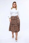 Sütlü Kahve Midi Leopar Desenli Yırtmaç Detaylı Yazlık Büyük Beden Etek