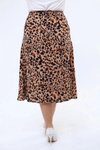 Sütlü Kahve Midi Leopar Desenli Yırtmaç Detaylı Yazlık Büyük Beden Etek