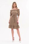فستان برباط بتفاصيل حزام وياقة مادونا متوسطة اللون بلون القهوة بالحليب
