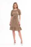 Sütlü Kahve Midi Madonna Yaka Kuşak Bağlama Detaylı Elbise