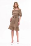 Sütlü Kahve Midi Madonna Yaka Kuşak Bağlama Detaylı Elbise