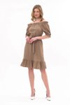 Sütlü Kahve Midi Madonna Yaka Kuşak Bağlama Detaylı Elbise