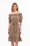 Sütlü Kahve Midi Madonna Yaka Kuşak Bağlama Detaylı Elbise