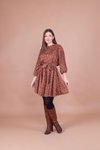 Taba Mini Kadife Çiçek Desenli Yarasa Kol Elbise