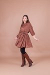 Taba Mini Kadife Çiçek Desenli Yarasa Kol Elbise