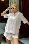 Toz Pembe Şortlu Koton Kumaş İkili Takım