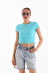 Turkuaz Likralı Kısa Kol Crop Bluz