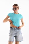 Turkuaz Likralı Kısa Kol Crop Bluz