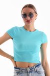 Turkuaz Likralı Kısa Kol Crop Bluz