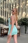 Turkuaz Mini Sırt Dekolteli Askılı Degaje Yaka Elbise