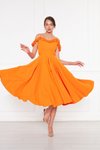 Turuncu Midi Ayarlanabilir Askılı Yaka Fırfır Detay Dokuma Kumaş Pileli Kloş Abiye Elbise