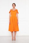 Turuncu Midi Ayarlanabilir Askılı Yaka Fırfır Detay Dokuma Kumaş Pileli Kloş Abiye Elbise