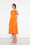 Turuncu Midi Ayarlanabilir Askılı Yaka Fırfır Detay Dokuma Kumaş Pileli Kloş Abiye Elbise