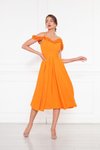Turuncu Midi Ayarlanabilir Askılı Yaka Fırfır Detay Dokuma Kumaş Pileli Kloş Abiye Elbise