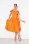Turuncu Midi Ayarlanabilir Askılı Yaka Fırfır Detay Dokuma Kumaş Pileli Kloş Abiye Elbise