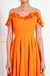 Turuncu Midi Ayarlanabilir Askılı Yaka Fırfır Detay Dokuma Kumaş Pileli Kloş Abiye Elbise