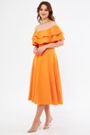 Turuncu Midi Carmen Fırfır Yaka Düşük Omuz Dökümlü Dokuma Kumaş Mezuniyet &amp; Abiye Elbise