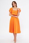 Turuncu Midi Carmen Fırfır Yaka Düşük Omuz Dökümlü Dokuma Kumaş Mezuniyet &amp; Abiye Elbise