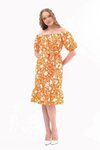 Turuncu Midi Kayık Yaka Büzgülü Volan Detaylı Yazlık Elbise