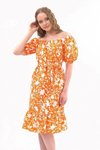 Turuncu Midi Kayık Yaka Büzgülü Volan Detaylı Yazlık Elbise