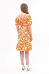 Turuncu Midi Kayık Yaka Büzgülü Volan Detaylı Yazlık Elbise